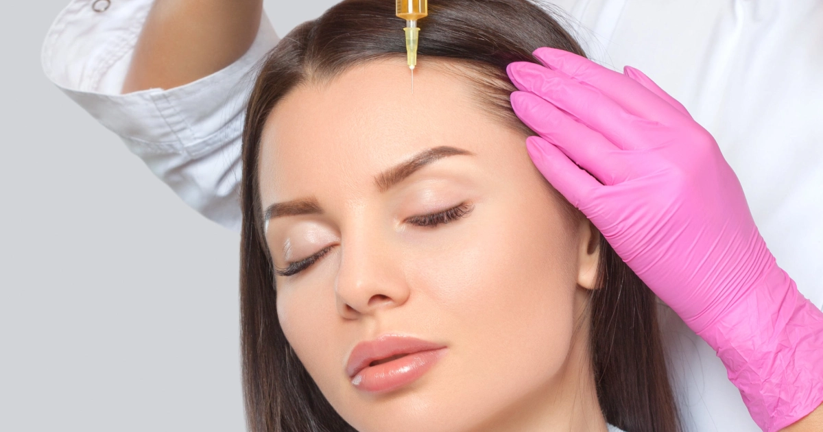 Person receiving a scalp treatment during PRP Hair Restoration in Chattanooga as someone in pink gloves injects a substance into their scalp.